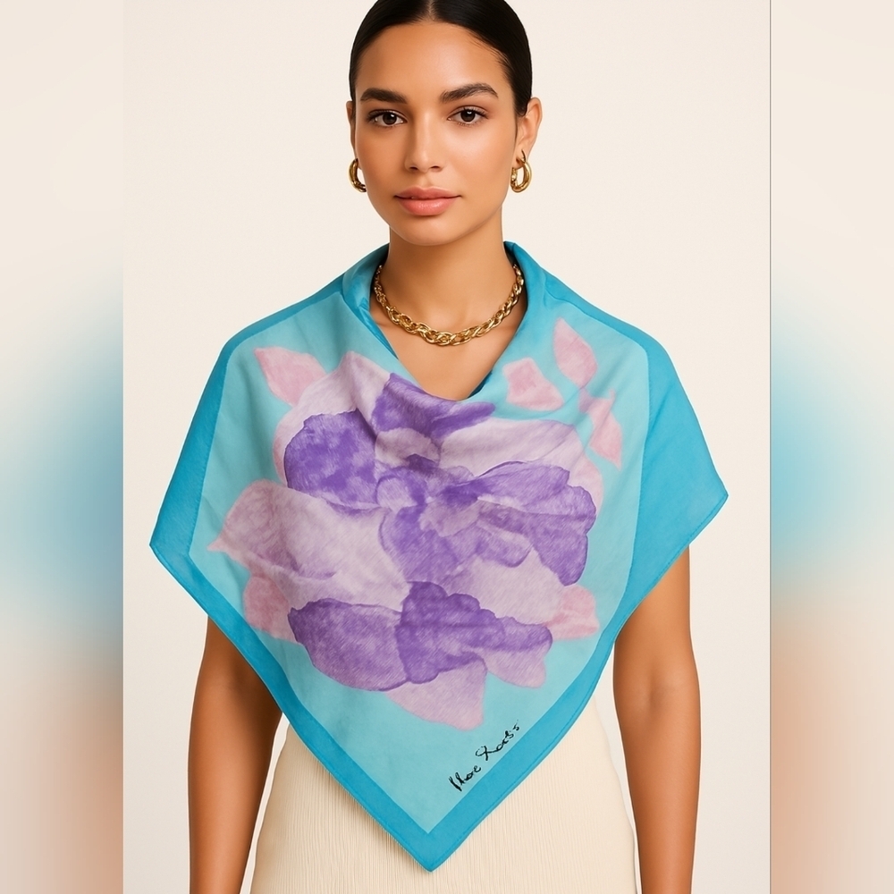 YVES ROCHER Floral Silk Scarf, Vintage Butterfly High Fashion Luxury Shawl-